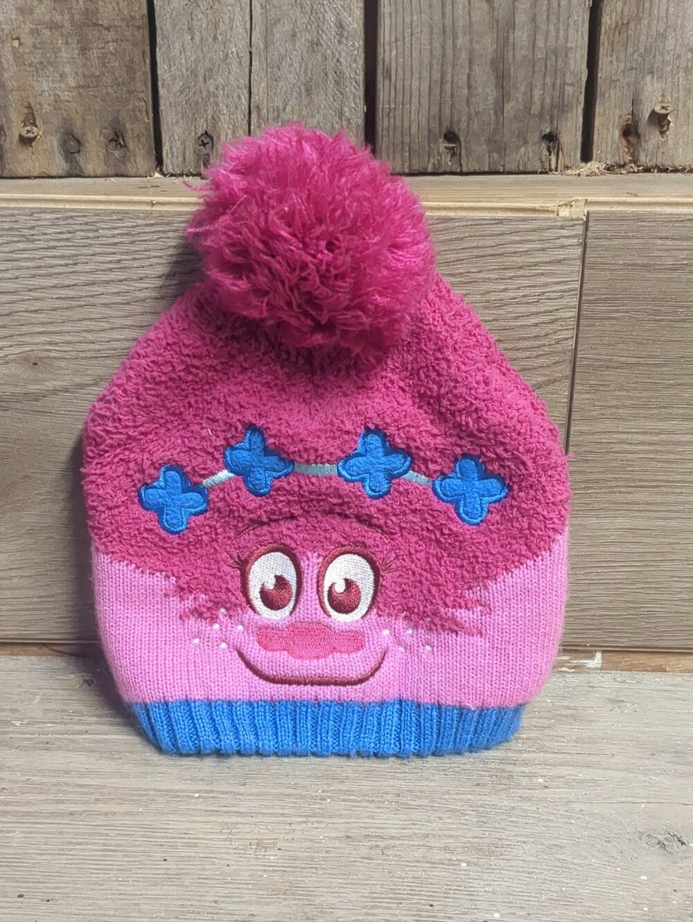 Trolls Pink Poppy Beanie Hat With Fluffball Size 2T-5T Embroidered Face